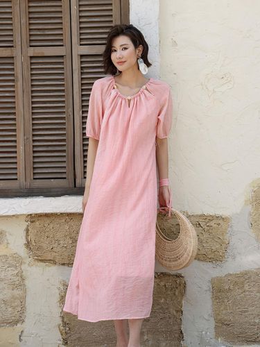 Pink Puff Sleeve Loose Dress - LANGSON - Modalova