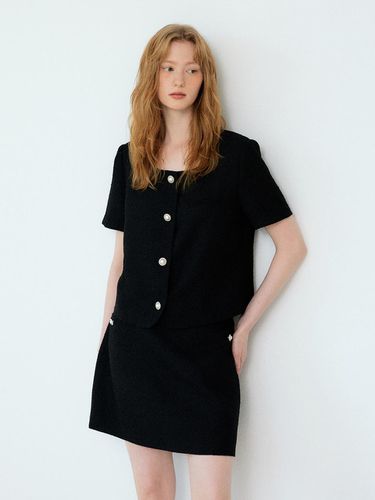 Square Neck Tweed Short Sleeve Jacket_Black - sisterhood - Modalova