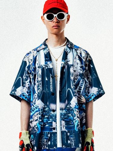 Automobile Parts Camp-Collar Printed Shirt_Blue - C.O.M.E - Modalova