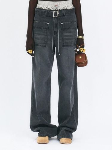 Wide Denim Pants With Belt_Midnight Grey - GABRIEL LEE - Modalova