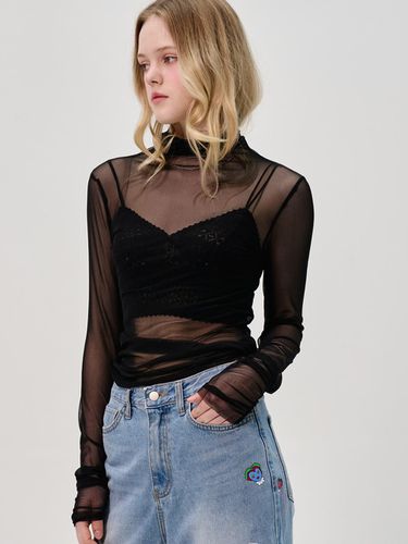 Sleeve Shirring Seethrough Turtlenect Top_Black - SORRY TOO MUCH LOVE - Modalova