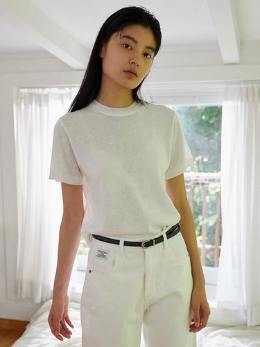 Double Neck Linen Knit Top_White - emkm - Modalova