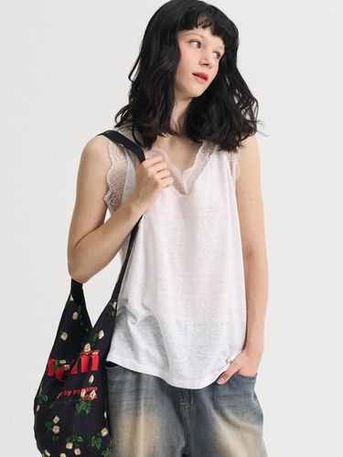 Lace Pure Linen Sleeveless T-shirt_White - SORRY TOO MUCH LOVE - Modalova