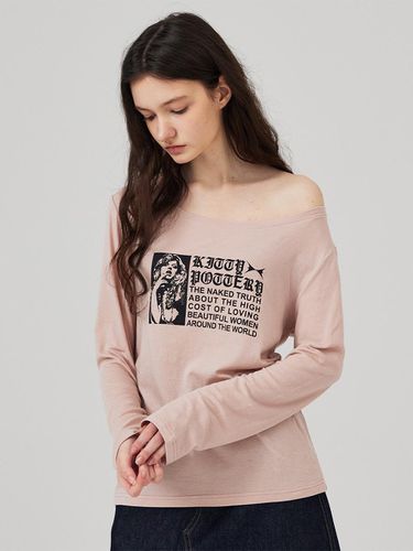 Boat Neck Glam Graphic Long Sleeve T-shirt Pink - KITTY POTTERY - Modalova