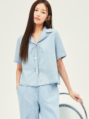 Ribbon Open Collar Denim Blouse - JJ JIGOTT - Modalova