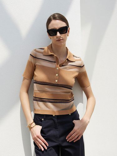 See-through Stripe Polo Shirt Knit Top Camel - Mare di mari - Modalova