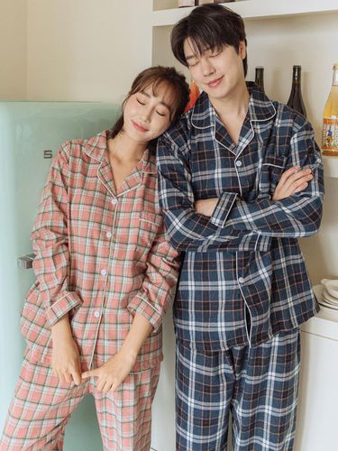 Cotton fleece checkered collar pajamas set - DOSSY - Modalova