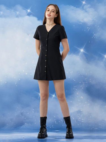 Cooling Vintage Slim V-neck Mini Dress [BLUE_BLACK - CITYPOPZ - Modalova