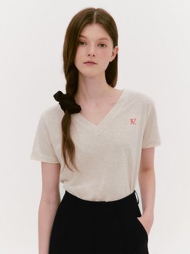 Linen logo printed V-neck short-sleeved T-shirt (M - marieclaire - Modalova