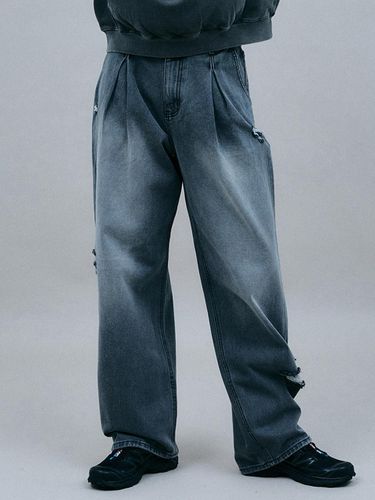 Distressed Wide Denim Pants Gray - GAKKAI UNIONS - Modalova