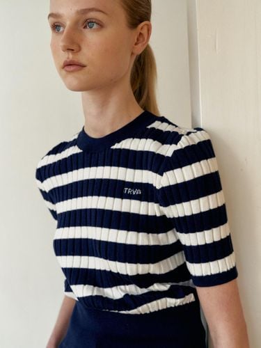 Cotton Stripe V-neck Knitwear (NAVY) - TRWA - Modalova