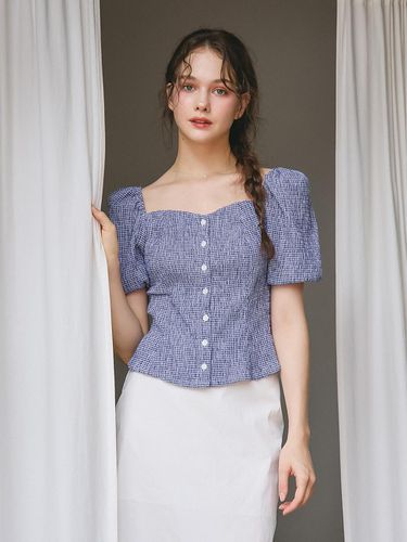 HEART NECK PUFF SLEEVES BLOUSE_BLUE - VEM.VER - Modalova