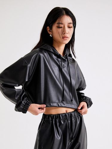 Flex Leather Cropped Drop Shoulder Hoodie [Black] (T226TP108) - TOPGIRL - Modalova