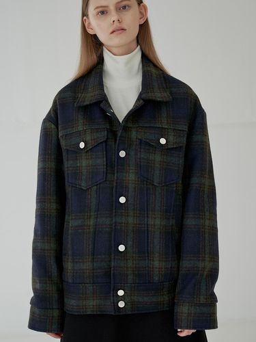 WOOL CHECK SEMI OVER TRUCKER JACKET_KHAKI - Trip LE Sens - Modalova