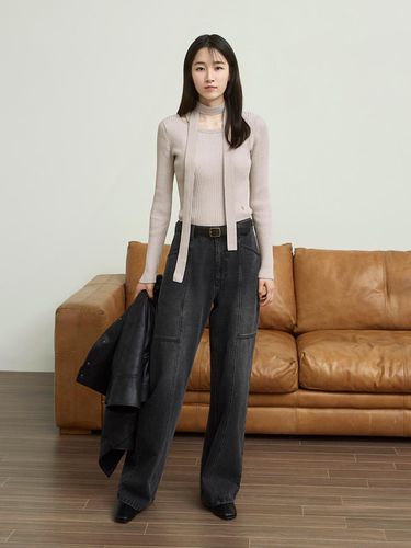 Wide gray slit denim pants - MIND BRIDGE women - Modalova