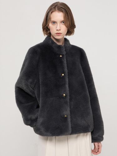 Stand collar fur jacket_Navy - JMARK New York - Modalova