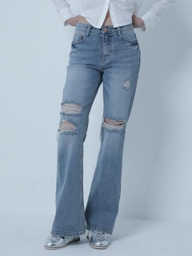 DAMAGE SLIM BOOT-CUT DENIM PANTS - MORELIKEIT - Modalova