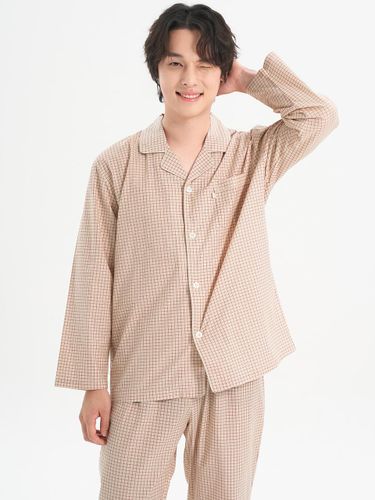 Beige Checkered Long-Sleeved Pure Cotton Pajama Set - MAY FLOWER - Modalova