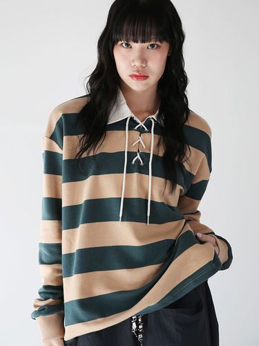 Lace Up Stripe Rugby T-shirt_Beige - PIECEMAKER - Modalova