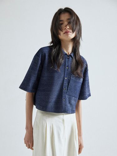 Metallic Cropped Shirt Knit Top_Navy - whatever we want - Modalova