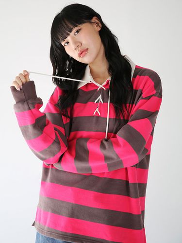 Lace Up Stripe Rugby T-shirt_Pink - PIECEMAKER - Modalova