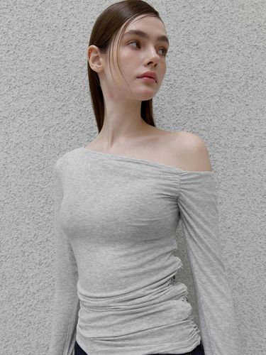 Shirred Wool Half Off Shoulder Top_Melange Grey - ouie - Modalova