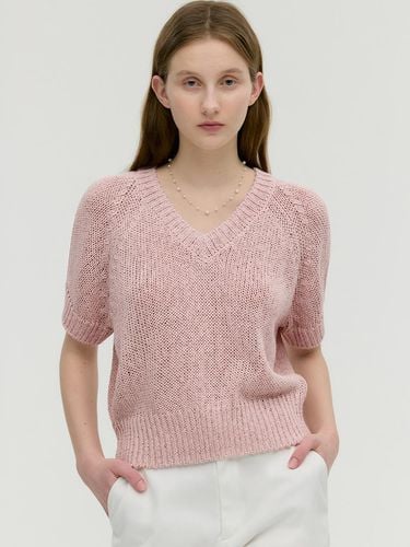 V-neck Puff Short Sleeve Knit Top_Pink - MONGDOL - Modalova