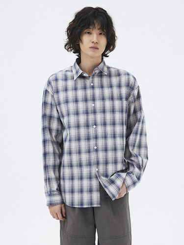 Washed Tartan Checkered Shirt_Blue Gray - AREUBAN - Modalova