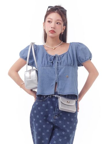 Denim Ribbon Puff Blouse - ANOETIC - Modalova