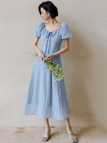 Puff Sleeves Blue Dress - LANGSON - Modalova