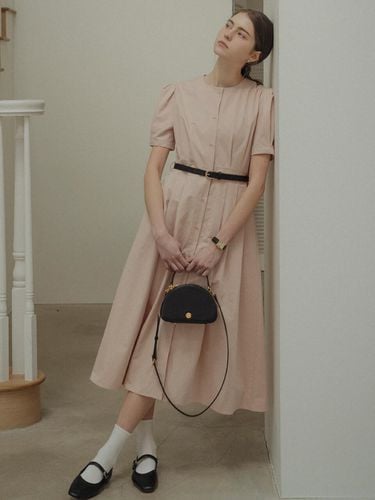 Belt Set Collarless Midi Shirt Dress_Pink - TILLIDIE - Modalova