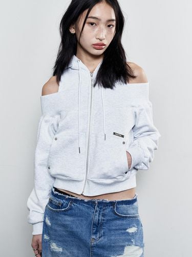 Open Shoulder Zip Hoodie_Melange White - NOTKNOWING - Modalova