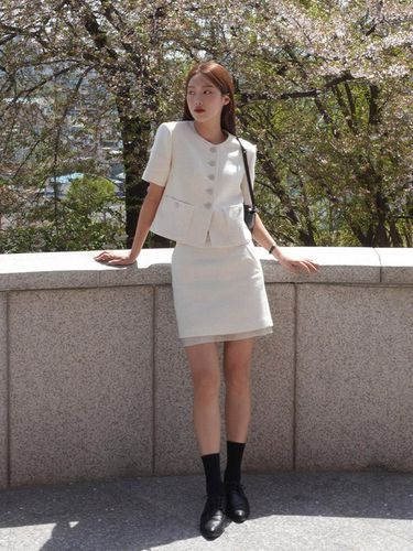 Laced Hem Tweed Mini Skirt - White - a.t.corner - Modalova