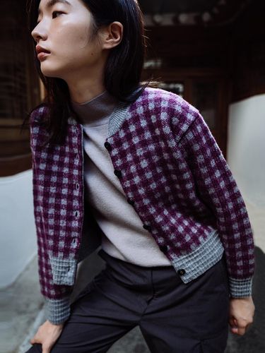 WOOL BLENDED GINGHAM CHECK CARDIGAN_PURPLE - REPLAIN - Modalova