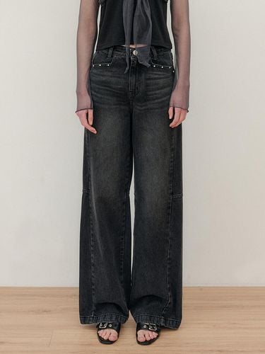 Hot Fix Wide Denim Pants - Black - YUSE - Modalova