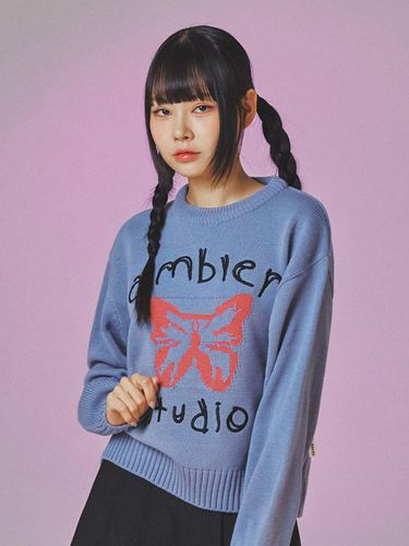 Pink Butterfly Over fit Crop Sweater_Blue - AMBLER - Modalova