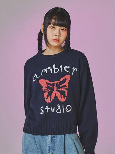 Pink butterfly Over fit Crop Sweater_Navy - AMBLER - Modalova