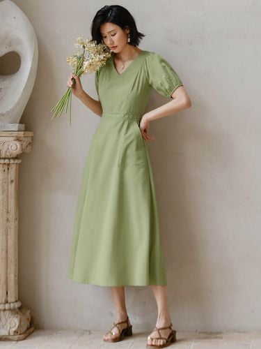 V Neck Puff Sleeve Slim Dress - LANGSON - Modalova