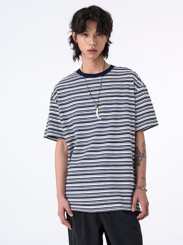 Vintage Stripe Half Sleeve T-shirt_Navy - AREUBAN - Modalova