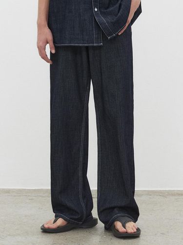 Linen Like Mid Rise Wide Jeans_Indigo - DECET - Modalova