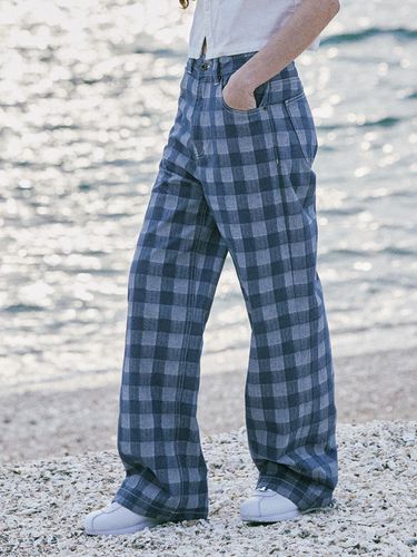 FATRO Wide Fit Apron Check Denim Pants_Indigo - MAGOODGAN - Modalova