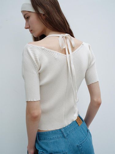 Boat Neck String Ribbed Knit Pullover - a.t.corner - Modalova