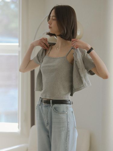 Sleeveless Set Half Sleeve Eyelet Cardigan_Melange - TILLIDIE - Modalova