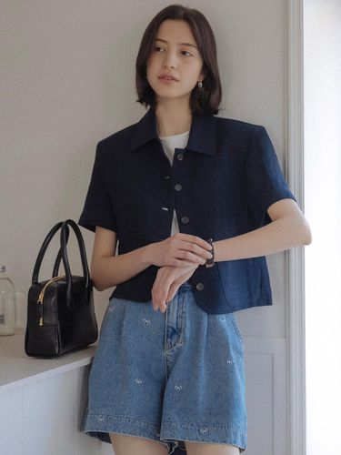 Check Linen Half Sleeve Jacket_Navy - TILLIDIE - Modalova