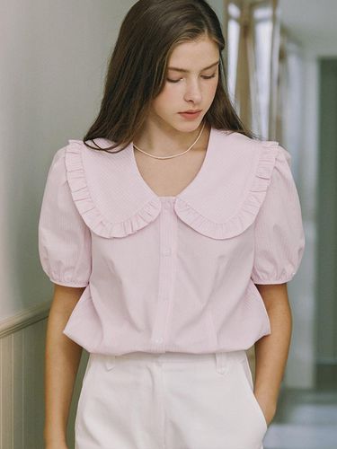 Ruffle Collar Stripe Blouse - Pink - NONLOCAL - Modalova