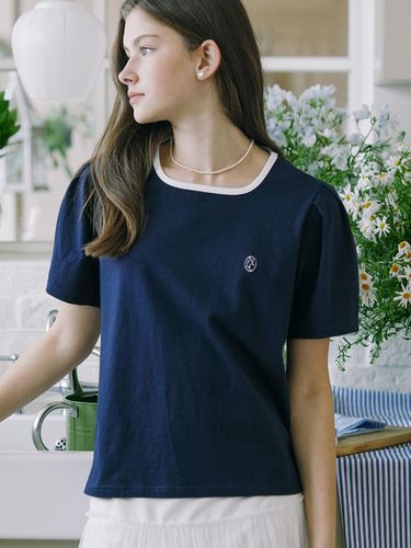 Neckline Puff Sleeve T-shirt - Navy - NONLOCAL - Modalova