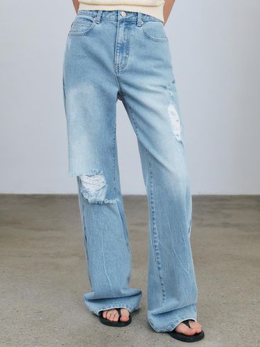 Destroyed Straight Denim Pants - Light Indigo - CITYBREEZE - Modalova