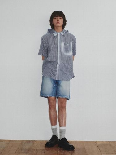 Checked Pattern Spray Hoodie Shirt_Navy - KINETO - Modalova