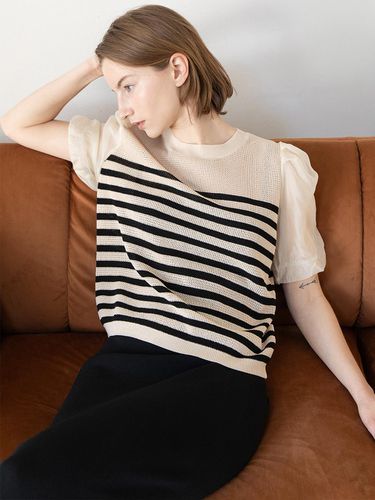 Balloon Sleeve Stripe Knit Top_Beige - JMARK New York - Modalova