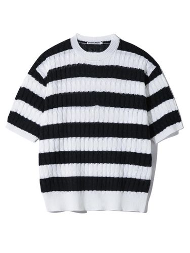 Cable Stripe Round Knit Top_White - BASEMOMENT - Modalova